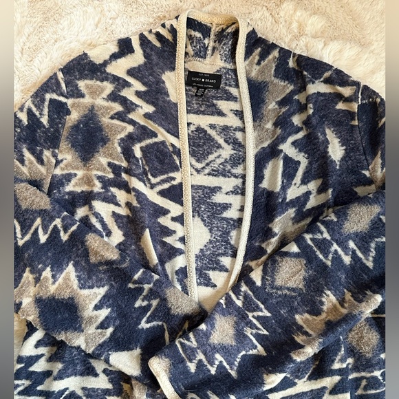 Lucky Brand Aztec Print Fringe Cardigan Sweater Boho Western Medium - Picture 3 of 7